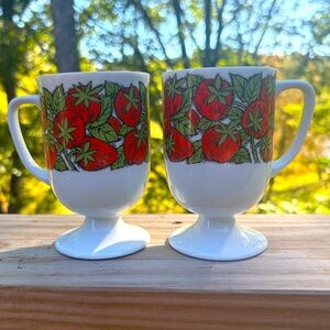 Two Vintage Pedestal Mugs with Strawberries EUC